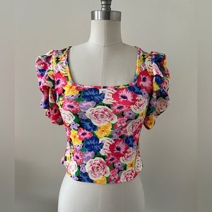 Shein bright floral top with dramatic puff sleeves